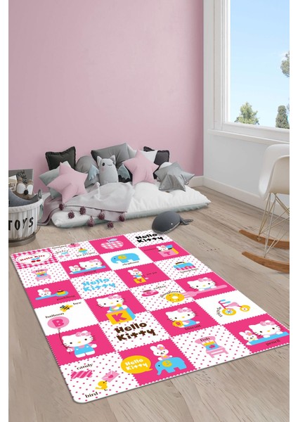Kaymaz Taban Makinada Yıkanabilir Dijital Baskı Hello Kitty Desenli Çocuk Odası Halısı Dot Taban Halı