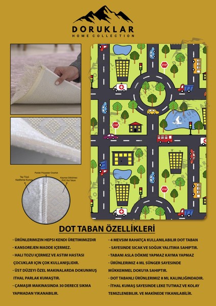 Kaymaz Taban Makinada Yıkanabilir Dijital Baskı Jungle Yol Desenli Çocuk Odası Halısı Dot Taban Halı