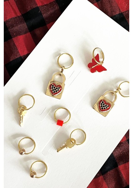 Kırmızı Düşler Kelebek ve Kalp Figürlü Saç Küpesi Seti 8 Parça fırsatları