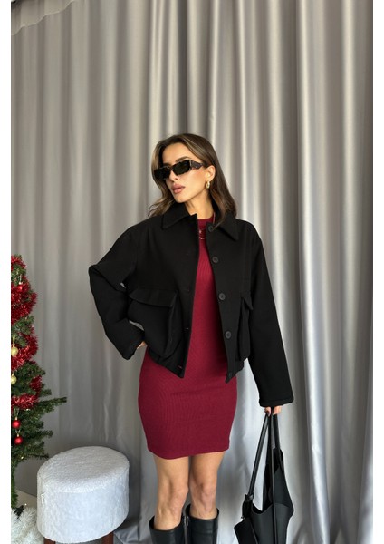 Kadın Siyah Beli Lastikli Astarlı Oversize Kaşe Ceket modelleri