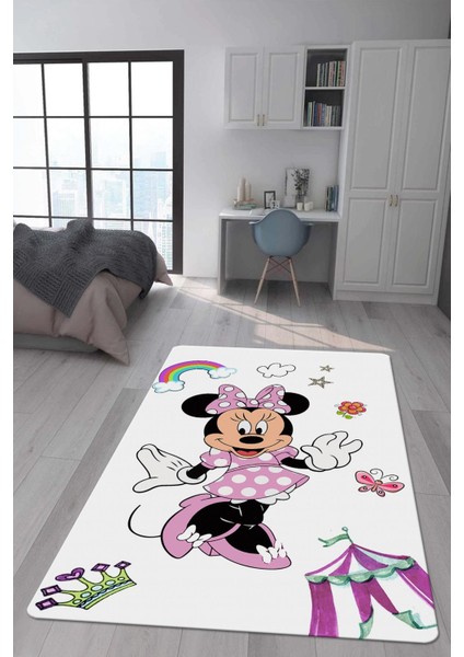 Kaymaz Taban Makinada Yıkanabilir Dijital Baskı Minnie Mouse Desenli Çocuk Odası Halısı Dot Taban Halı