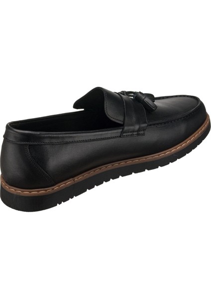AYL1113 Siyah Deri Püsküllü Rahat Geniş Kalıp Erkek Makosen Ayakkabı modelleri