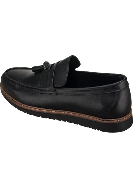 AYL1113 Siyah Deri Püsküllü Rahat Geniş Kalıp Erkek Makosen Ayakkabı fırsatları