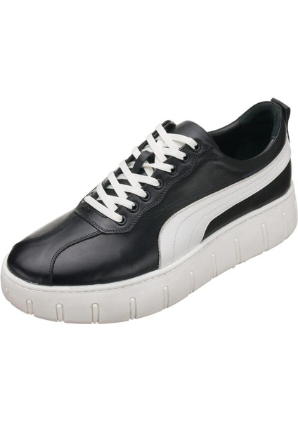 Kkpum Siyah Deri Büyük Numara Erkek Spor Ayakkabı Rahat Geniş Kalıp Saf Kauçuk Taban