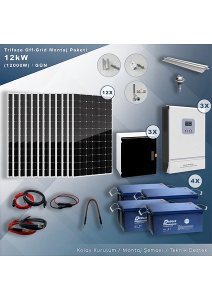 Trifaze Off Grid Paket Sistem (12 Kw/ Gün )
