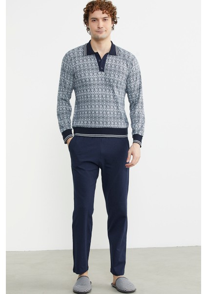 Yumuşak Dokulu Polo Yaka Pijama Takım - Lacivert