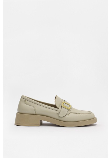 Neva Bej Deri Altın Tokalı Kadın Loafer