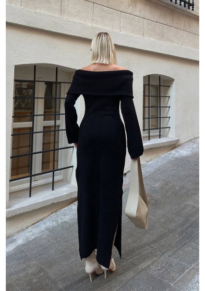 Kadın Triko Elbise Madonna Yaka Uzun Boy Yırtmaç Detay Akrilik Yün Karışımı Premium Örme