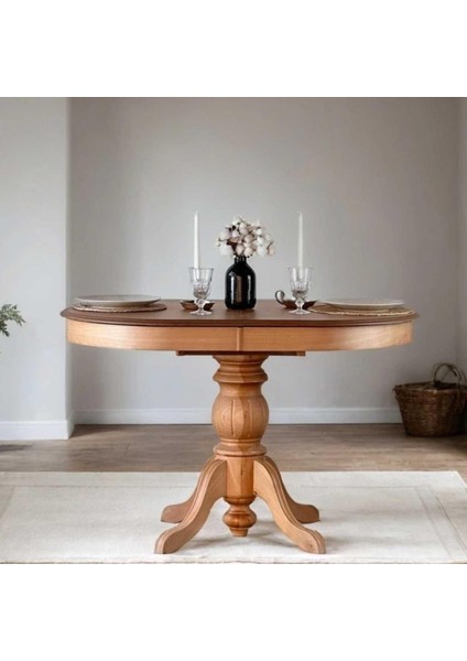 90CM Açılır Yuvarlak Yemek Masası Baba Ayak Masa Natural Cilalı (Sandalyeler Dahil Değildir)