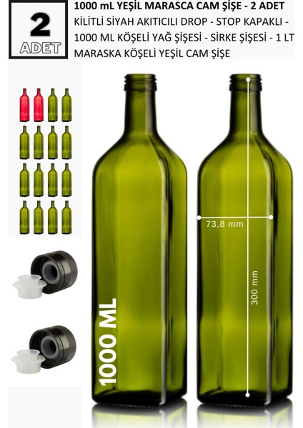 2 adet x 1000 Ml Yeşil Maraska Cam Yağdanlık,Ssosluk, Sirkelik -Drop Kapaklı