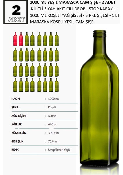 2 adet x 1000 Ml Yeşil Maraska Cam Yağdanlık,Ssosluk, Sirkelik -Drop Kapaklı