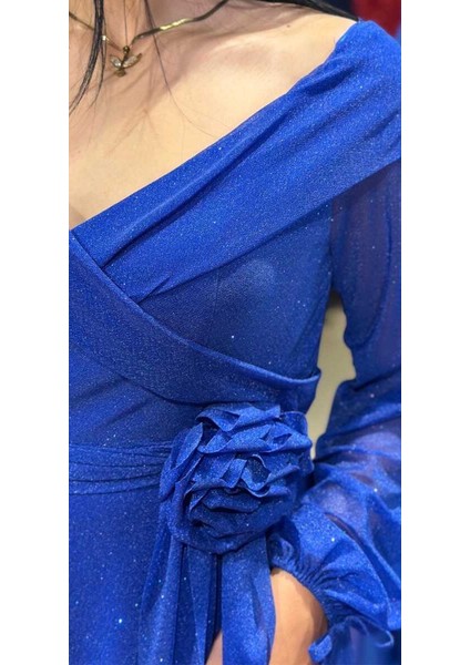 Saks Uzun Kollu Çiçek Detaylı Kloş Etekli Simli Uzun Abiye Elbise 7656