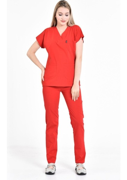 Kırmızı Hemşire Üniforması Zarf Yaka Hemşire Takımı modelleri