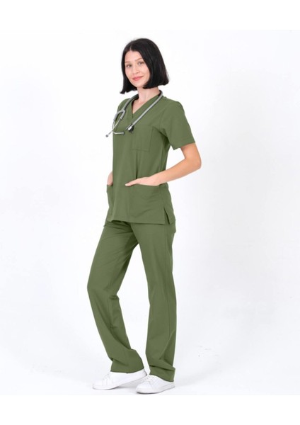 Yeşil Hemşire Üniforması Zarf Yaka Hemşire Takımı modelleri