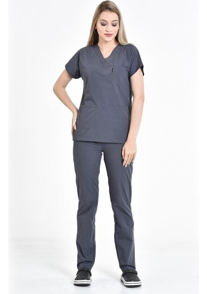 Gri Hemşire Üniforması Zarf Yaka Hemşire Takımı