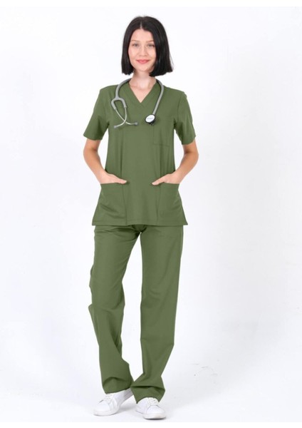 Yeşil Hemşire Üniforması Zarf Yaka Hemşire Takımı