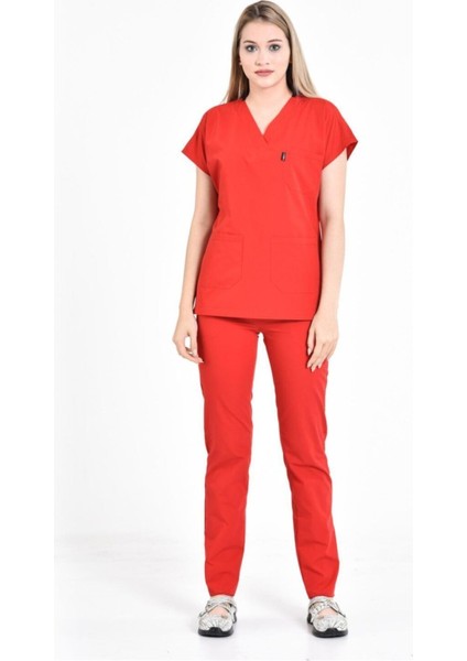 Kırmızı Hemşire Üniforması Zarf Yaka Hemşire Takımı fiyatları