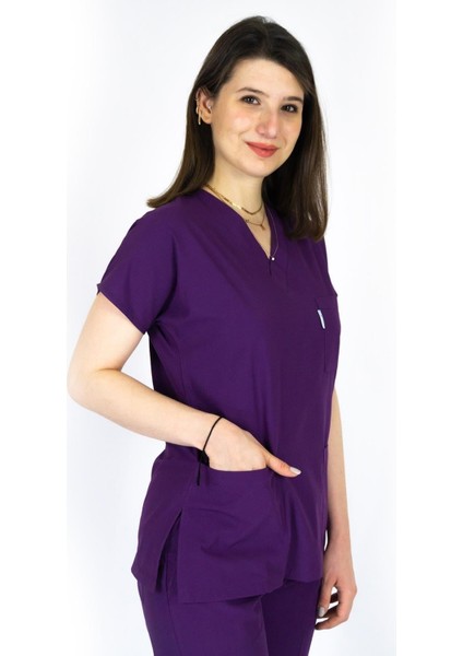 Mor Hemşire Üniforması Zarf Yaka Hemşire Takımı modelleri