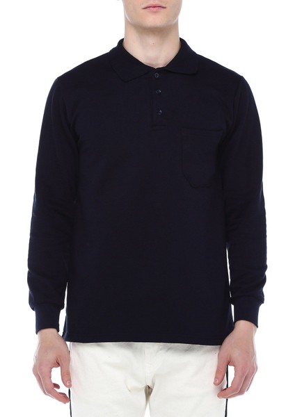 Siyah İki İplik Polo Yaka Sweatshirt, Pamuk