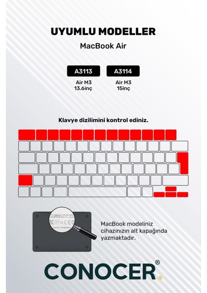 MacBook Air 13.6 Inc M3 (A3113) / 15 Inc M3 (A3114) ile Uyumlu Türkçe Q Klavye Klavye Koruyucu
