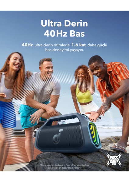 Soundcore Boom 2 Plus Bluetooth Hoparlör - 140W- 2+2 Stereo Kanal - Bassup 2.0 - 30W Hızlı Şarj - 20 Saat Oynatma Süresi - Ipx7 Su Geçirmezlik - Rgb Işıklar - Usb-C - Özel Eq - Mavi - A3134