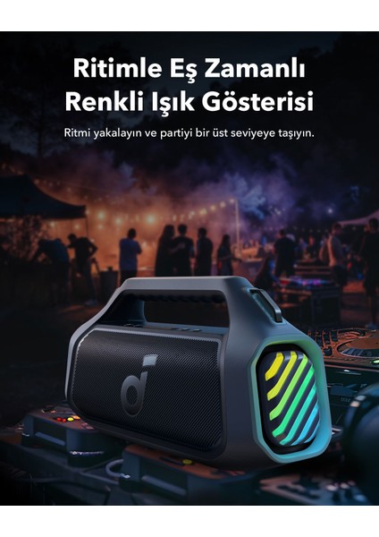 Soundcore Boom 2 Plus Bluetooth Hoparlör - 140W- 2+2 Stereo Kanal - Bassup 2.0 - 30W Hızlı Şarj - 20 Saat Oynatma Süresi - Ipx7 Su Geçirmezlik - Rgb Işıklar - Usb-C - Özel Eq - Mavi - A3134