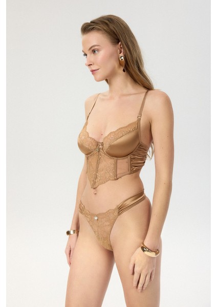 Camile Kahve Saten Büzgülü Dantelli Tanga modelleri