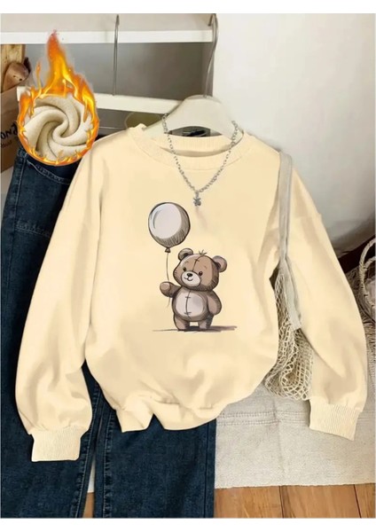 Balo ile Ayı Baskılı Yünlü Kalın Uzun Kollu Kadın Sweatshirt