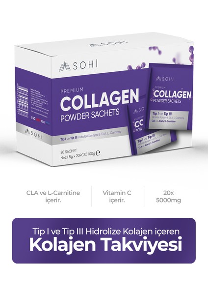 Kolajen Tozu Şaşe Tip 1 ve 3-Premium Collagen (20'li 100 Gr)