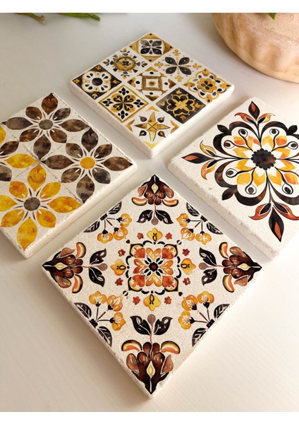 Vintage Desenli Doğal Taş Bardak Altlığı - 4\'lü Set