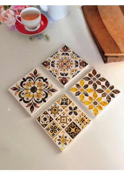 Vintage Desenli Doğal Taş Bardak Altlığı - 4\'lü Set fiyatları