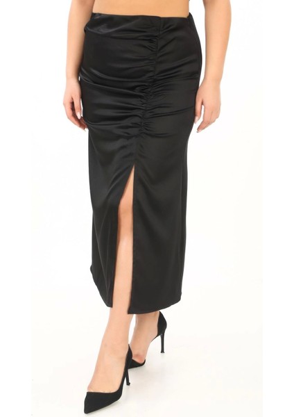 Büyük Beden Saten Drape Yırtmaçlı Midi Siyah Etek
