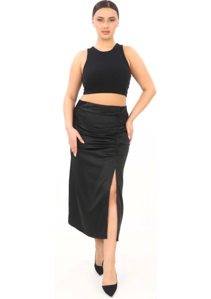 Büyük Beden Saten Drape Yırtmaçlı Midi Siyah Etek
