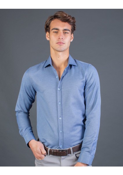 Slim Fit Mavi Armürlü Erkek Gömlek