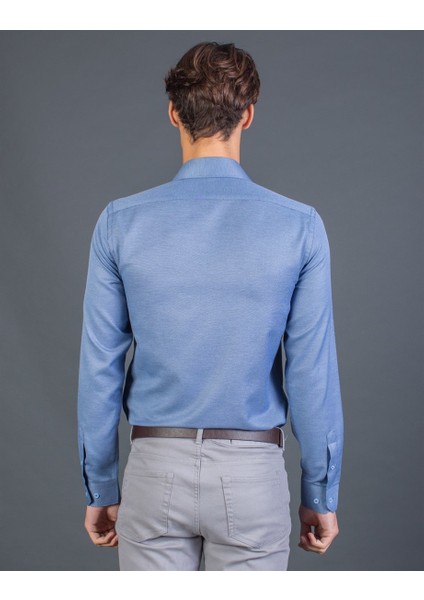 Slim Fit Mavi Armürlü Erkek Gömlek modelleri