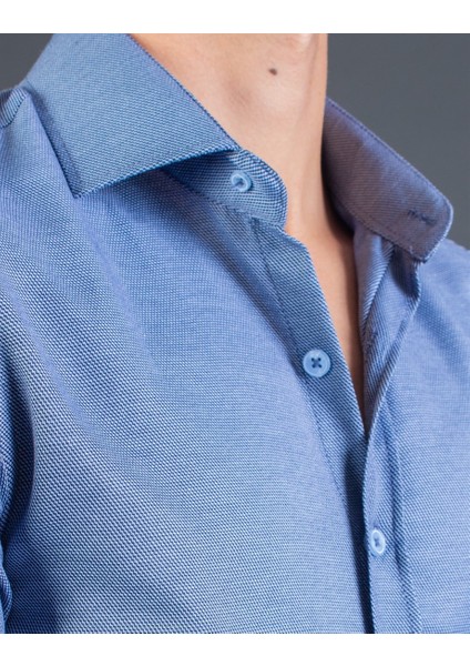 Slim Fit Mavi Armürlü Erkek Gömlek fırsatları