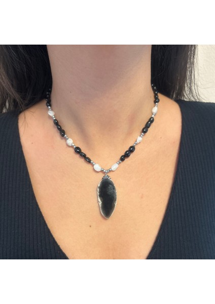 Tımbıl Obsidyen ve Aytaşı Doğal Taş Obsidyen Doğaltaş Uçlu El Yapımı Özel Tasarım Kolye