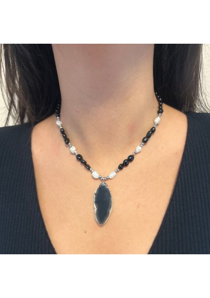 Tımbıl Obsidyen ve Aytaşı Doğal Taş Obsidyen Doğaltaş Uçlu El Yapımı Özel Tasarım Kolye modelleri