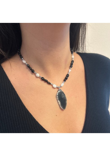 Tımbıl Obsidyen ve Aytaşı Doğal Taş Obsidyen Doğaltaş Uçlu El Yapımı Özel Tasarım Kolye fırsatları