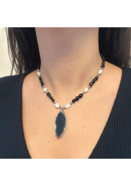 Tımbıl Obsidyen ve Aytaşı Doğal Taş Obsidyen Doğaltaş Uçlu El Yapımı Özel Tasarım Kolye indirimleri