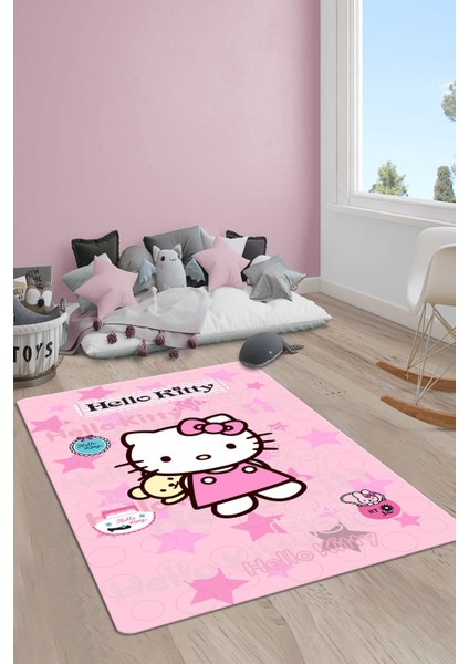 Kaymaz Taban Makinada Yıkanabilir Dijital Baskı Hello Kitty Desenli Çocuk Odası Halısı Dot Taban Halı