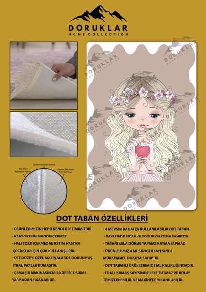 Kaymaz Taban Makinada Yıkanabilir Dijital Baskı Peri Kızı Desenli Çocuk Odası Halısı Dot Taban Halı