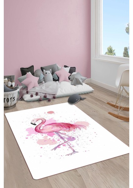 Kaymaz Taban Makinada Yıkanabilir Dijital Baskı Flamingo Desenli Çocuk Odası Halısı Dot Taban Halı