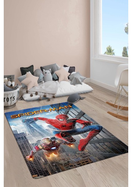 Kaymaz Taban Makinada Yıkanabilir Dijital Baskı Spiderman Desenli Çocuk Odası Halısı Dot Taban Halı