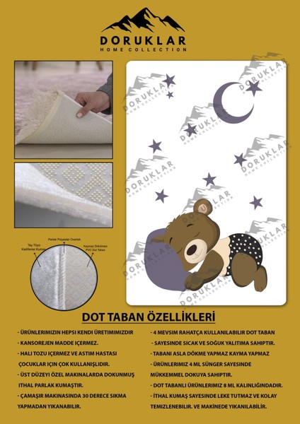 Kaymaz Taban Makinada Yıkanabilir Dijital Baskı Ayıcık Desenli Çocuk Odası Halısı Dot Taban Halı