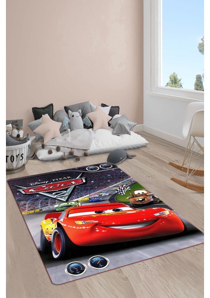 Kaymaz Taban Makinada Yıkanabilir Dijital Baskı Mcqueen Araba Desenli Çocuk Odası Halısı Dot Taban Halı