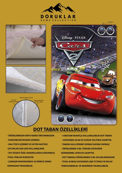 Kaymaz Taban Makinada Yıkanabilir Dijital Baskı Mcqueen Araba Desenli Çocuk Odası Halısı Dot Taban Halı