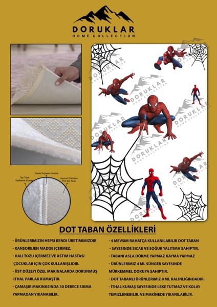 Kaymaz Taban Makinada Yıkanabilir Dijital Baskı Spiderman Desenli Çocuk Odası Halısı Dot Taban Halı