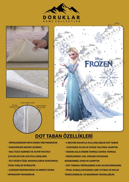 Kaymaz Taban Makinada Yıkanabilir Dijital Baskı Elsa Frozen Desenli Çocuk Odası Halısı Dot Taban Halı