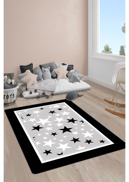 Kaymaz Taban Makinada Yıkanabilir Dijital Baskı Yıldız Desenli Çocuk Odası Halısı Dot Taban Halı 02
